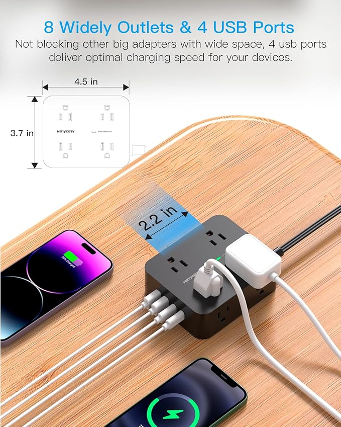 Surge Protector Power Strip 10 Ft Cord, HANYCONY Extension Cord with 2 USB C Ports, Multiple Outlet Extender with Flat Plug, Wall Mount for Home Office College Dorm Room Essentials Black