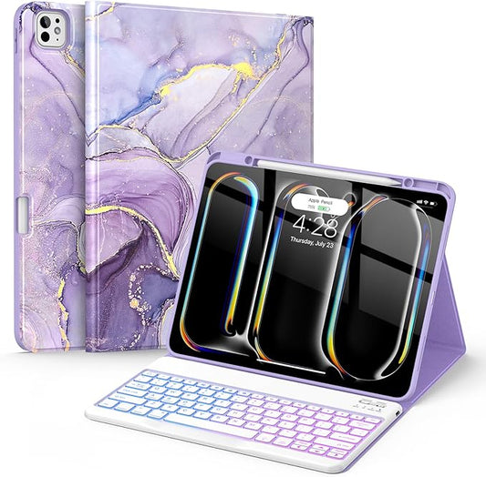 Soke Keyboard Case for iPad Pro 13 Inch (M5 2025/M4 2024), 7-Color Backlit Detachable Bluetooth Keyboard, Folio Stand TPU Back Cover with Pencil Holder for iPad Pro 13", Violet Marble