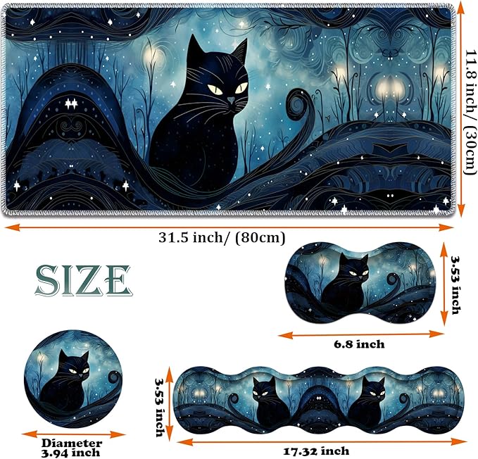 Large Gaming Mouse Pad + Keyboard Wrist Rest + Wrist Support + Coaster Set, Memory Foam Ergonomic for Easy Typing, XXL Extended Gaming Mouse Pad Table Pad - A Cat in The Moonlight