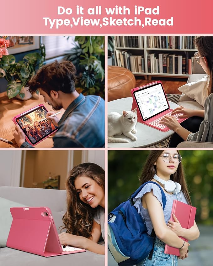 typecase Folio Keyboard Case for iPad 10th Gen 10.9 inch (2022) and iPad 11th (A16, 2025), Magnetic Wireless Detachable Keyboard, 7-Color Backlight, Thin & Light, Pencil Holder – Pink