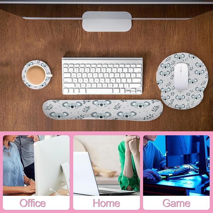 Cute Koala Eucalyptus Leaf Keyboard Wrist Rest Pad Mouse Pad Set,Ergonomic Mousepad Wrist Support Memory Foam Desk Pad for Gaming Office,Non-Slip Rubber Base Easy Typing for Home Office Computers