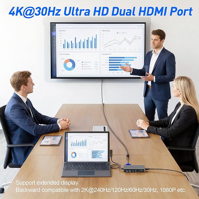 Surface Pro Docking Station - Triple Display with Dual HDMI 4K, VGA, 2X USB-C, 2X USB 3.0, Ethernet, SD/TF Card Reader & 3.5mm Audio for Surface Pro 11/10/9, Surface Laptop, Book, Go