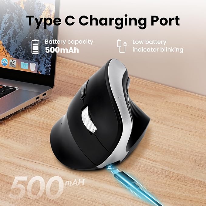 Wireless Ergonomic Vertical Mouse, Rechargeable Tri-Mode (Dual Bluetooth + 2.4G USB) Optical Mouse with Adjustable RGB Lighting, Multi-Device Control for Laptop, PC, Mac, iPad, Desktop (Black)