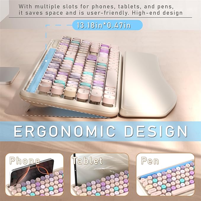 Colorful Wireless Computer Keyboard and Mouse Combo with Phone Holder, Wrist Rest, Typewriter Keys, 2.4GHz Wireless, Full-Sized Optical Mouse for PC and Laptop (Khaki)