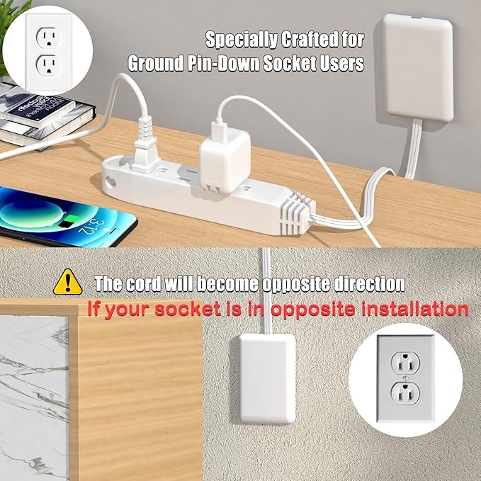 8FT Ultra Flat Plug Extension Cord Power Strip with 3 Outlets, Patented Detachable Ultra-Thin Outlet Cover Concealer & Ultra-Flat Plug, Max. 13A 125V 1625W ETL Listed, White Color