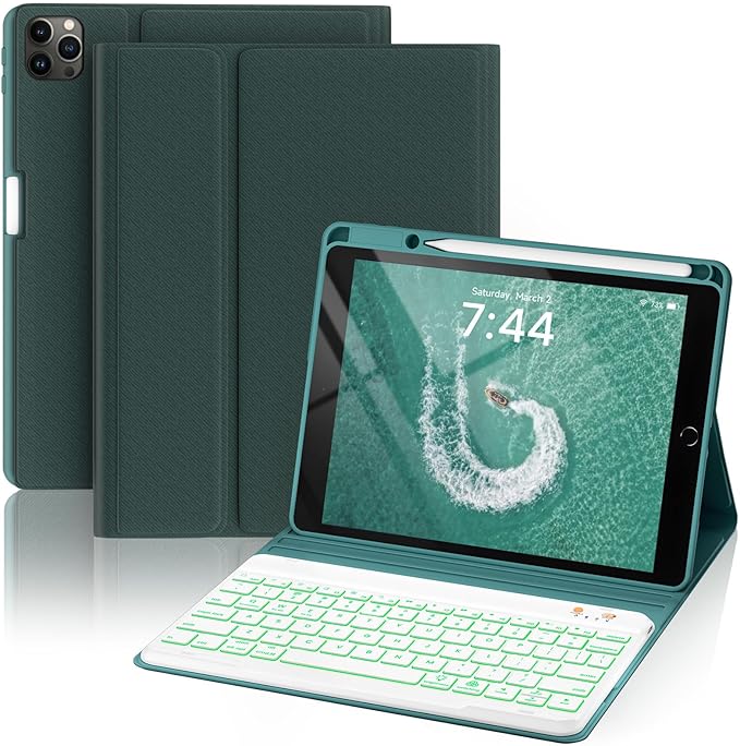 OYEEICE Keyboard case for iPad 9.7 inch, iPad 6th Gen (2018), iPad 5th Gen (2017), iPad Air 2 (2014) - 7 Color Backlit Wireless Keyboard with Pencil Holder for iPad 6th/5th Pro 9.7'' Air 2/1 - Teal