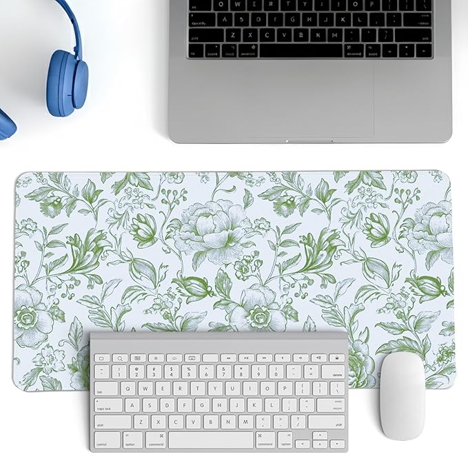 Sage Green Chinoiserie Mouse Pad,Sage Green Floral Desk Mat,XL Large Greens Floral Preppy Trendy Mouse Pad,Girly Gaming Mousepad,Girly Laptop Desk Mat for Dorm Home Office,23.6x11.8 Inch