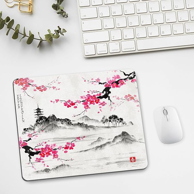 Cherry Blossom Mouse Pad Sakura Japanese Gray Mousepad Desk Grey Pink White Flower Floral Tree Japan Vintage Watercolor Aesthetic Landscape Scenery Computer Gaming Square Art Mat Accessories Travel