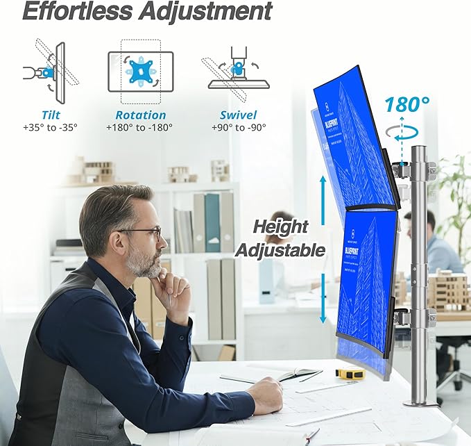 AVLT 38" Vertical Ultrawide Monitor Mount Gray Two Stacked 26.5 lbs Screens on Heavy-Duty Pole Save Workspace with Fine-Tune Height Tilt Swivel Rotate Adjustment C-clamp and Grommet Mounting Stand