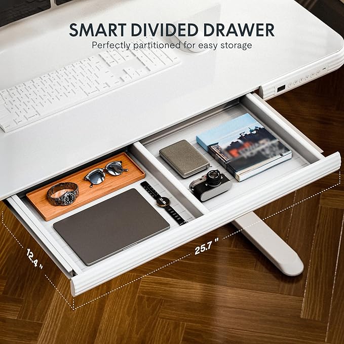 FLEXISPOT Comhar Electric Pure Glass Standing Desk with Drawer Desktop & USB Charge Ports, 48" Ergonomic Height Adjustable Sit to Stand Desk for Home Office (White, Glass)