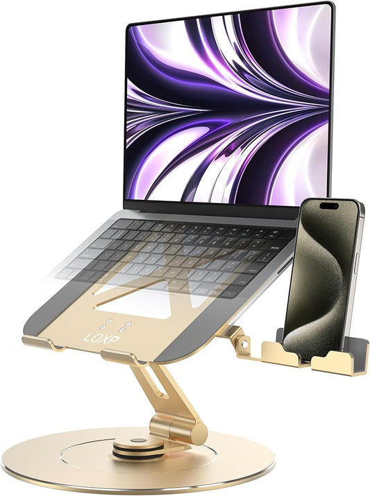 Ultra-Stable Aluminumy Laptop Stand for Desk with Foldable Phone Holder, 300% Large Base Stability, Anti-Loosening, Printer Stand Suitable for 10"-17.3" Laptops, Champagne Golden