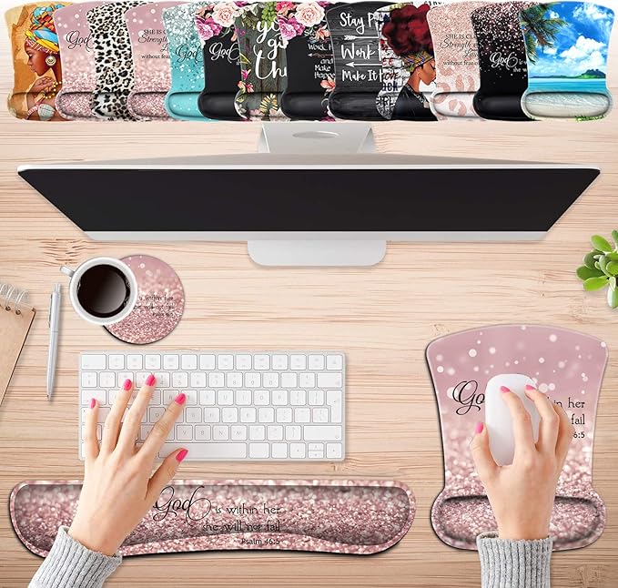Keyboard Wrist Rest Pad and Ergonomic Mouse Pad Wrist Support Set Psalm 46:5 God is Within Her,She Will Not Fall Pink Design for Gaming, Office, Comfortable and Pain Relief with Coaster Set