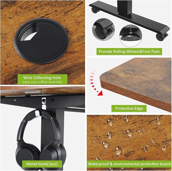 farexon Electric Standing Desk Adjustable Height, 71 x 28 Inch Sit Stand up Desk with Large Mouse Pad, Double Metal Hook,4 Wheels,4 Memory Preset Heights Home Office Computer Desk（Brown）