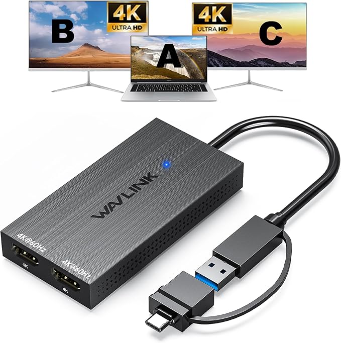 WAVLINK USB 3.0 & USB C to Dual HDMI Adapter 4K@60Hz for 2 Monitors, DisplayLink USB C HDMI Adapter for Dual Monitor, for Mac M1/M2/M3, Windows, ChromeOS, Ubuntu, Android