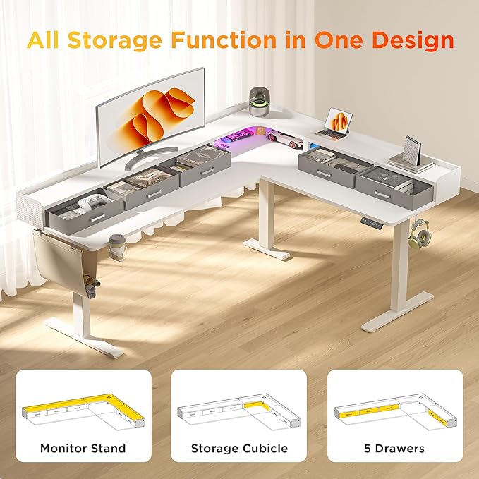 75 Inches Height Adjustable L Shaped Standing Desk with 5 Drawers and Monitor Shelf, Electric Sit to Stand Home Office Comupter Table, Ergonomic Corner Gaming Desk, White