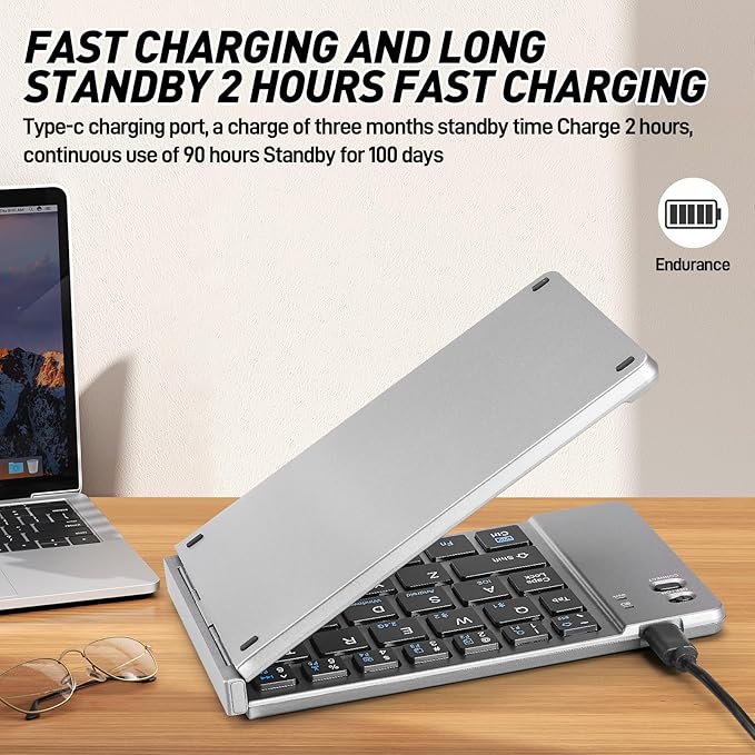 Mini Rechargeable Foldable Bluetooth Keyboard and Mouse Combo, Portable (Sync Up to 3 Devices), Ultra-Slim Travel Folding Keyboard for iPhone iPad Mac Android Windows iOS(Grey)