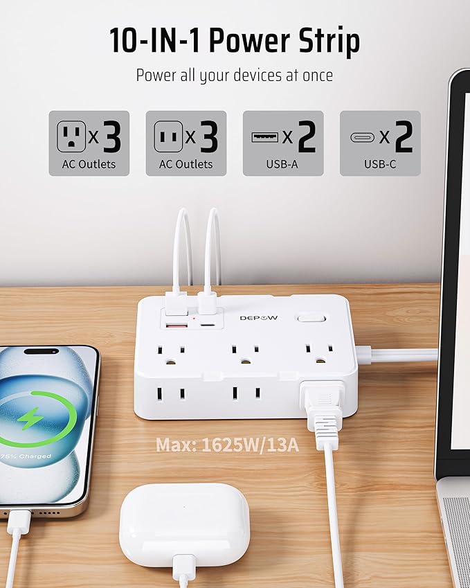 Surge Protector Power Strip with Flat Plug, 3 FT Extension Cord with 6 AC Outlets 4 USB Ports,1050J Surge Protection, Wall Mountable Charging Station for Office, Home, White