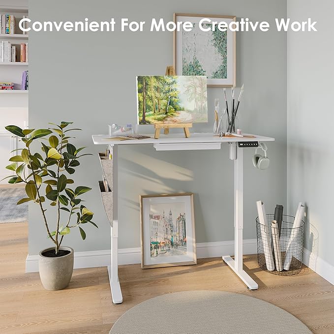 48" x 24" Electric Standing Desk with Drawers, Height Adjustable Sit Stand Desk with 3 Preset Heights Side Hook Storage Pocket Cable Clips Ergonomic Rising Home Office Computer Table, White
