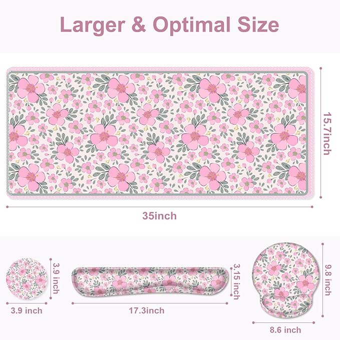 Floral Desk Mat, 4in1 Large Mouse Pad with Wrist Rest, Cute Desk Matt for Desktop, Deskpad Mat, Anti-Slip XXL Computer Ergonomic Mousepad with Wrist Support for Keyboard and Mouse I Pink Flowers