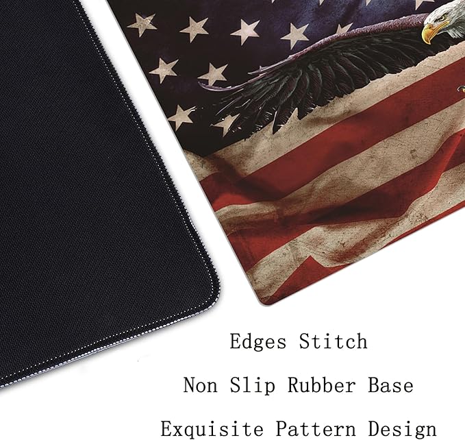 EOBTAIN Gaming Large Mouse Pad Vintage American Flag Desk Mat for Keyboard and Computer 31.5x15.7 Inch Non-Slip Rubber USA Bald Eagles XXL Mousepad with Stitched Edges for Office Laptop and Home