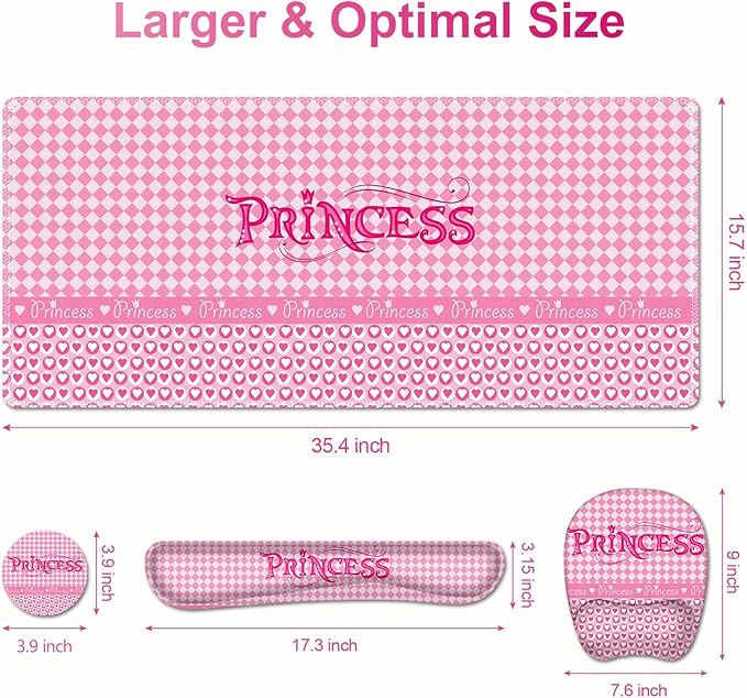 Mouse Pad with Wrist Support 4 in1 Set, XXL Big Game Mousepad + Keyboard Wrist Rest + Mouse Wrist Rest Pad +Coaster Gaming Mat for Home Office Work Computer Laptop I Pink Checkered Princess Girl