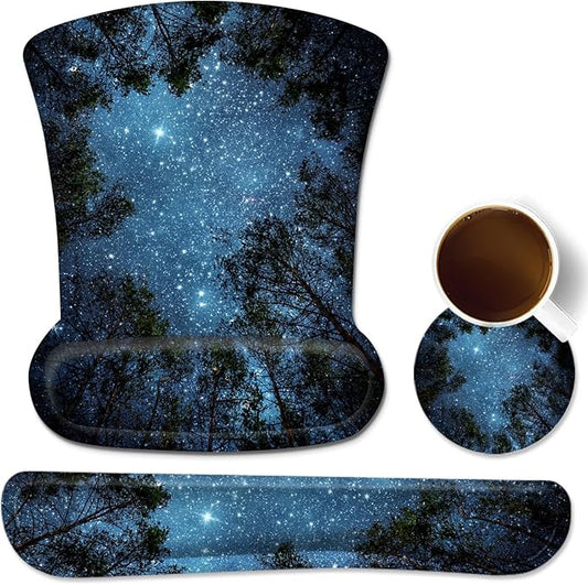 Ergonomic Mouse Pad with Wrist Rest Support and Keyboard Wrist Rest Pad with Coaster, iDonzon Cute Wrist Pad with Non-Slip Rubber Base and Raised Memory Foam, Easy Typing & Pain Relief, Forest Starry
