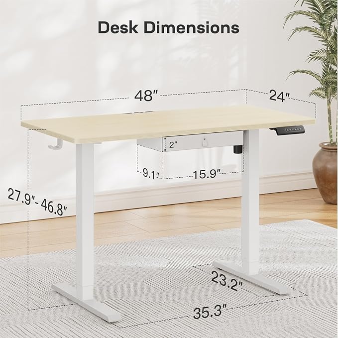 Marsail 48x24 Electric Standing Desk with Drawer, Computer Desk, Sit Stand Office Table with Storage & Hooks & Cable Management, Ergonomic Height Adjustable Table for Home Office, Maple
