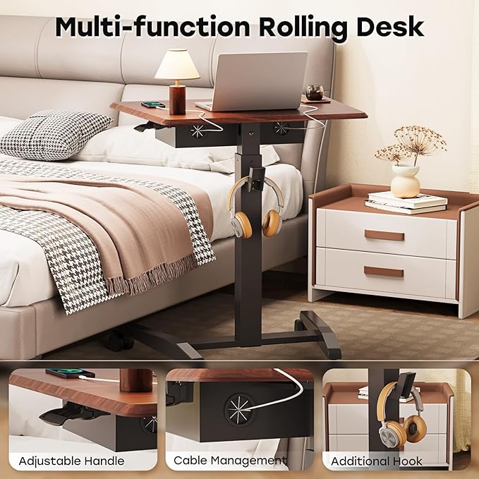 JOY worker Height Adjustable Rolling Laptop Desk with Shelf,Mobile Standing Desk,Pneumatic Mobile Laptop Table with Wheels for Couch Home Office School,Holds Up to 22lbs,Dark Walnut