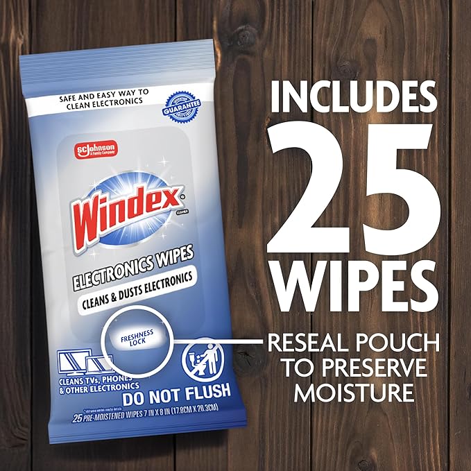 Windex Electronic Cleaning Wipes, Pre-Moistened Screen Wipes for TVs, Phones, and Other Electronics, Resealable for a Freshness Lock, 25 Count (Pack of 3)