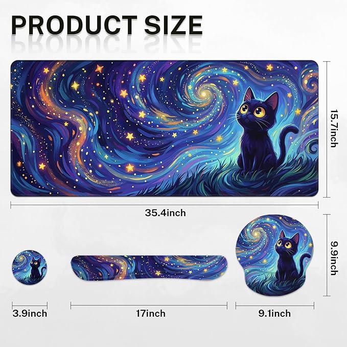 Arttown Cat Star Celestial Desk Mat Galaxy Whimsical Mouse Pad Set 4 in 1 Ergonomic Design Large Mouse Pad + Keyboard Wrist Rest + Mouse Wrist Rest + Coaster Suitable for Home Office Study Game