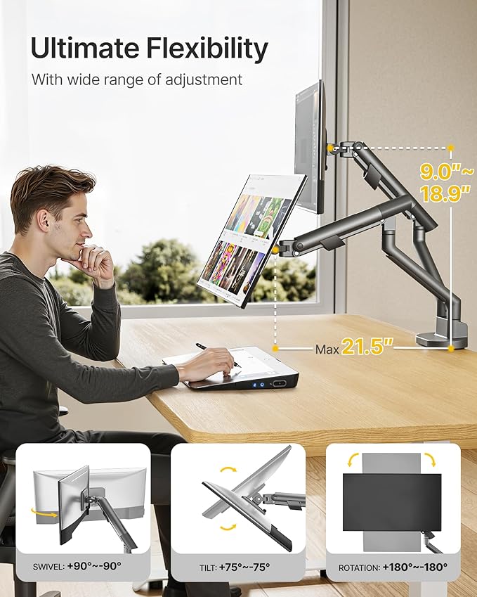 monTEK Dual Monitor Stand for 2 Screens 17 to 35 Inch, Heavy Duty Monitor Mount Arm, VESA Mount Desk Stand with C-Clamp/Grommet Base, Holds up to 24.3 lbs Per Arm, VESA 75/100mm, Gray