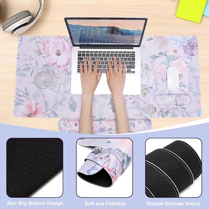 MEGREZ 4-in-1 Ergonomic Memory Foam Wrist Rest Set, Desk Pad, Mouse Pad with Wrist Rest, Keyboard Pad, Suitable for Office Workers, Programmers & Gamers–Relieve Typing & Gaming Fatigue, Color Flower