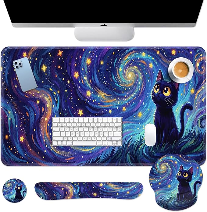 Arttown Cat Star Celestial Desk Mat Galaxy Whimsical Mouse Pad Set 4 in 1 Ergonomic Design Large Mouse Pad + Keyboard Wrist Rest + Mouse Wrist Rest + Coaster Suitable for Home Office Study Game