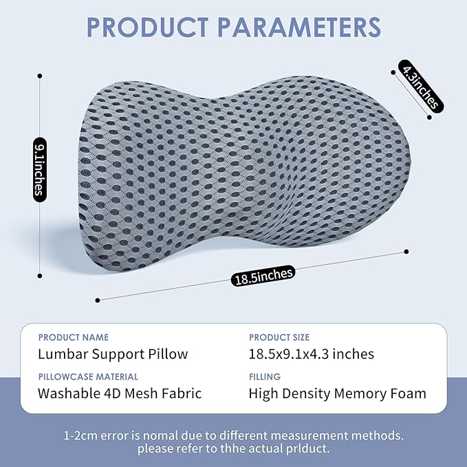 Lumbar Support Pillow, Memory Foam Lumbar Pillow for Lower Back Pain Relief, Back Support Pillow for Office Chair, Car Seat - Gray