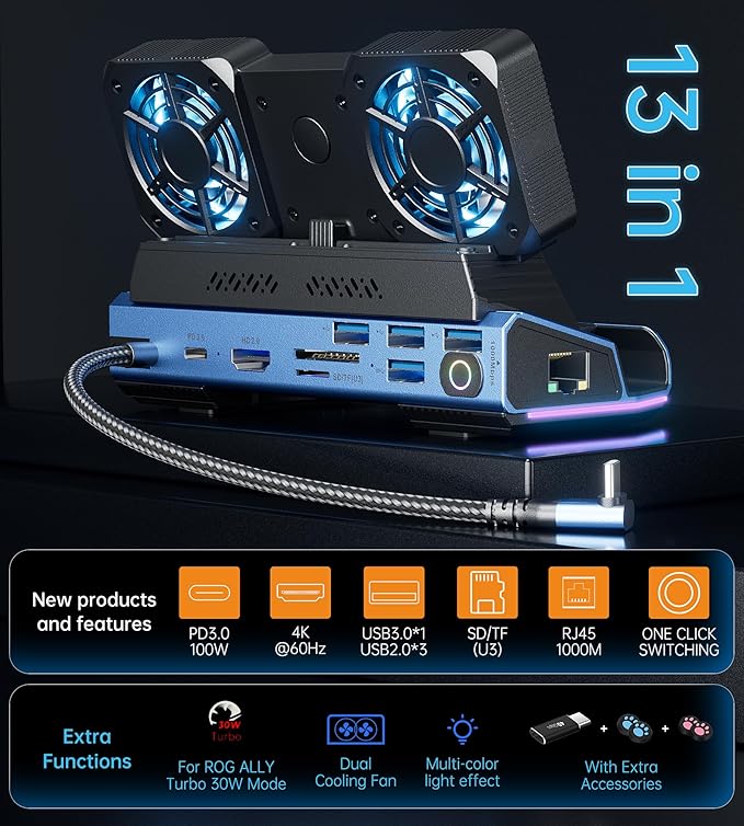 13 in 1 Steam Deck Docking Station with Dismantling Cool Fans M.2 NVMe Enclosure,4K@60Hz,1000Mbs Ethernet,SD/TF,4 USB A,100W PD Charging 40Gbps Adapter for Steam Deck/Rog Ally/Switch/Legion Go