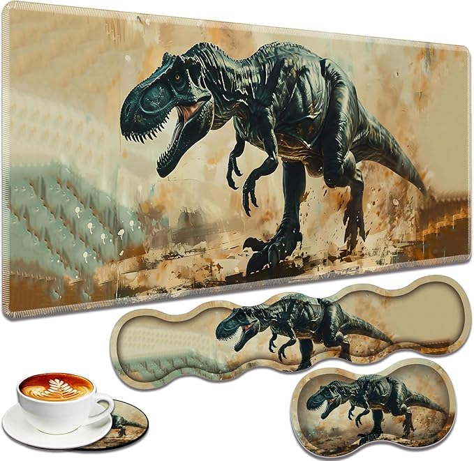 Large Gaming Mouse Pad + Keyboard Wrist Rest + Wrist Support + Coaster Set, Memory Foam Ergonomic for Easy Typing, XXL Extended Gaming Mouse Pad Table Pad - T-Rex