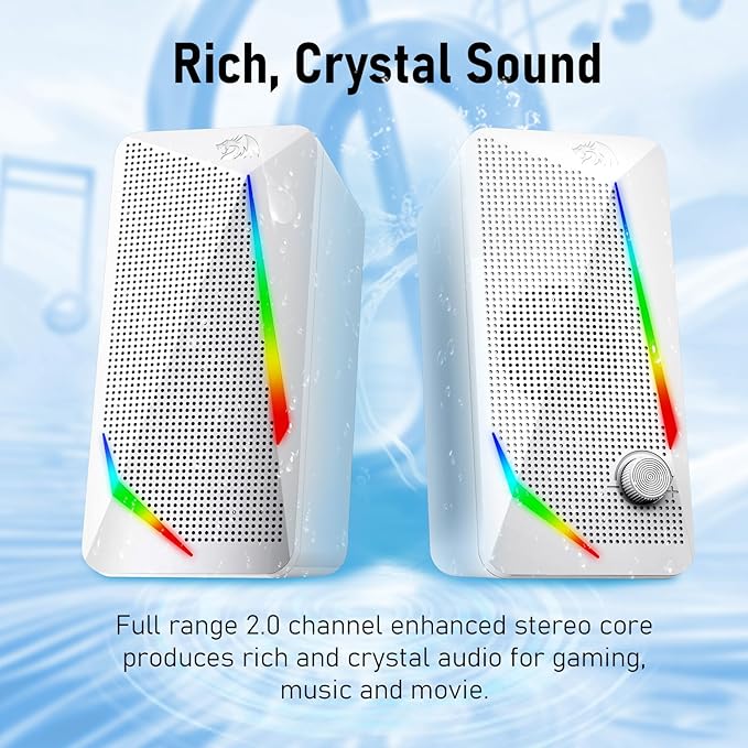 Redragon GS510 RGB Desktop Speakers, 2.0 Channel PC Computer Speaker with 4 Colorful LED Backlight Modes, Enhanced Bass and Easy-Access Volume Control, USB Powered w/ 3.5mm Cable, White