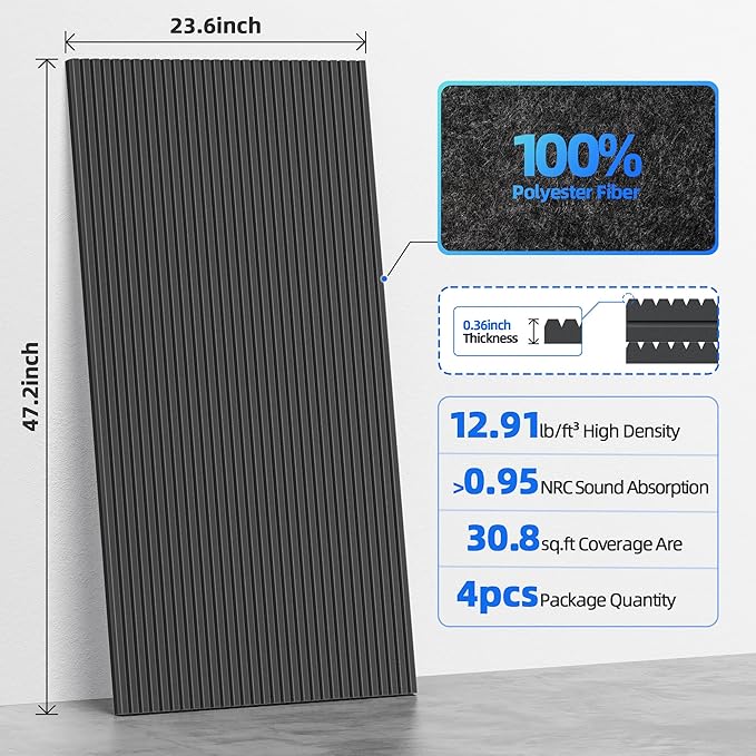 4 Pack Large Acoustic Panels Sound Absorbing with Self-Adhesive, 47.2”*23.6”*0.36” High Density Sound Proof Foam Panels for Walls, 3D Vertical Soundproof Wall Panels for Home Studio Office Decor-Black
