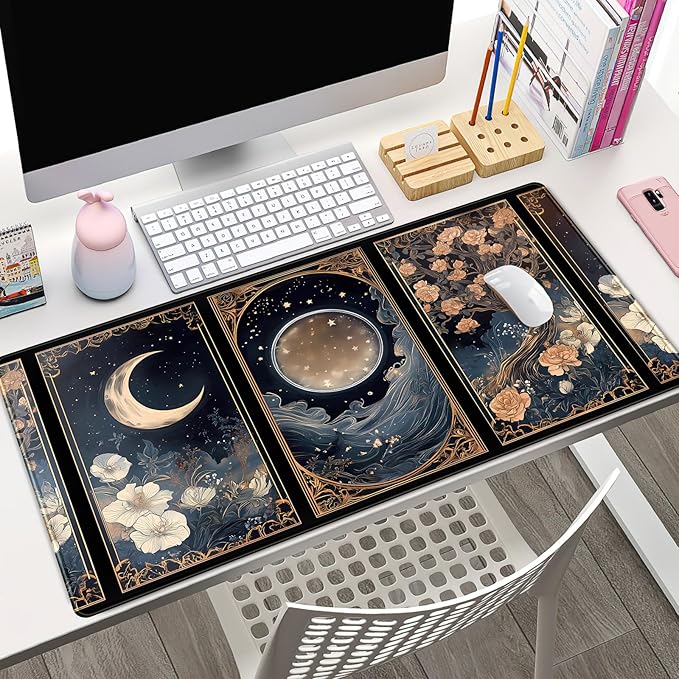 Celestial Lunar Nature Tarot Card Desk Mat Moon Floral Large Mouse Pad XXL 31.5''X 15.7'' Witch Night Botanical Desk Pad Gaming Mousepad Keyboard Mouse Mat for Laptop Computer Office Decor Gift
