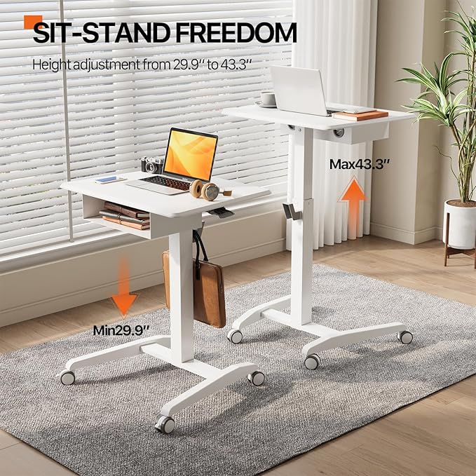 JOY Worker Mobile Standing Desk With Storage Drawer, Pneumatic Height Adjustable Laptop Workstation, White Rolling With Wheels for Home Office Classroom