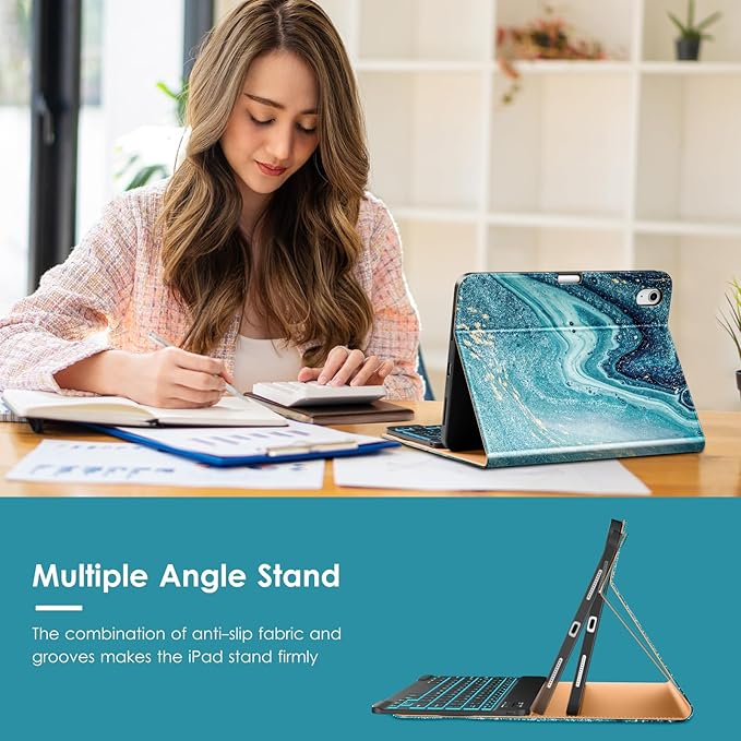 VIKESI Keyboard Case for iPad (A16,2025) 11th Generation/iPad 10th Generation Case (10.9" 2022),Premium Leather Smart Cover,Built-in Breathing Light,Function Row,Pencil Holder,Card Slots-Gold Texture