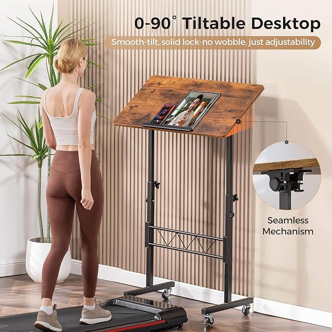 GTPLAYER Standing Desk Adjustable Height & Tiltable Tabletop, 32 Inch Portable Desk for Home Office Stand Up Work and Walking Pad Treadmill, Small Mobile Computer Table for Laptop, Brown