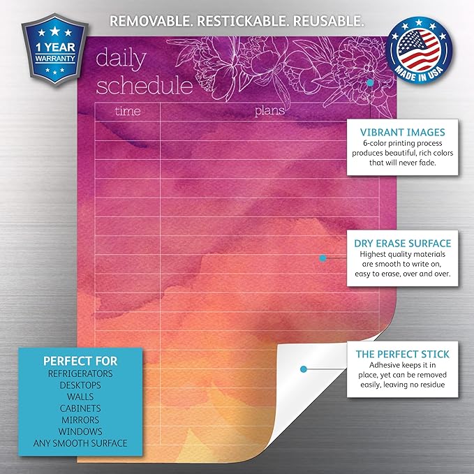 Dry Erase Daily Schedule Planner Sticker Decal by Glassboard Studio | Removable & Reusable | Magnetic Fine-Tip Marker Included (9 x 12 inches, Peony)
