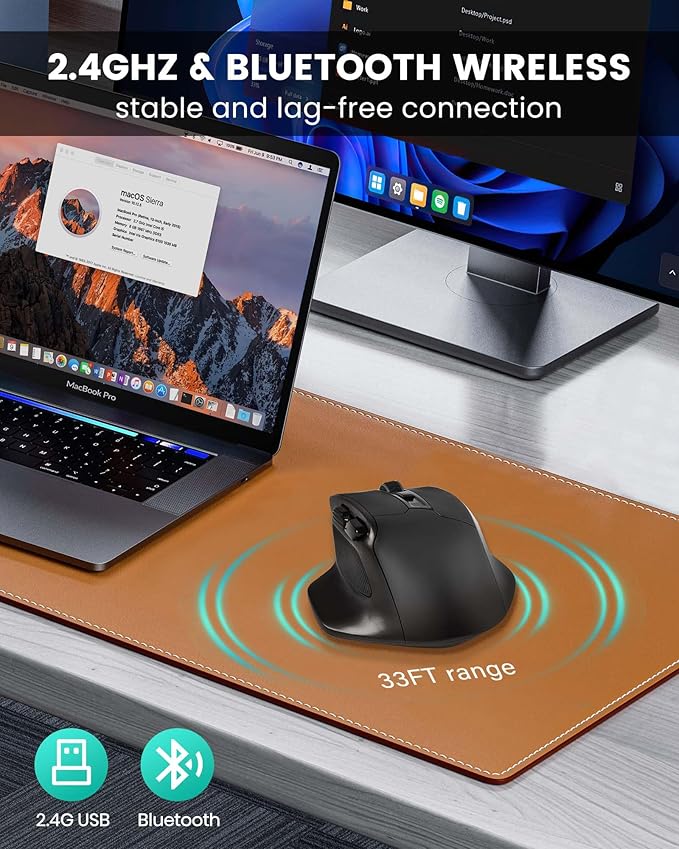 XUANGUI Wireless Ergonomic Mouse Comfortable Bluetooth Cordless Mice, Max 4800 DPI Ergo Witeless Optical Mose with Side Buttons and USB Dongle, Blue Tooth / 2.4G for Computer Laptop Macbook Chromebook