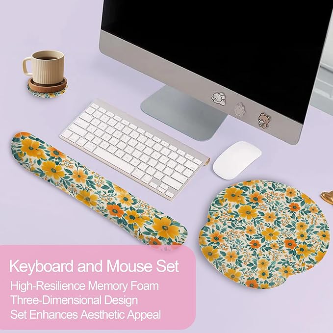Wildflowers Spring Flowers Plants Mouse Pad with Wrist Rest and Keyboard Wrist Rest Set, Non-Slip Rubber Base Memory Foam Mouse Pad Set for Women, Office Desk Accessories, Gaming
