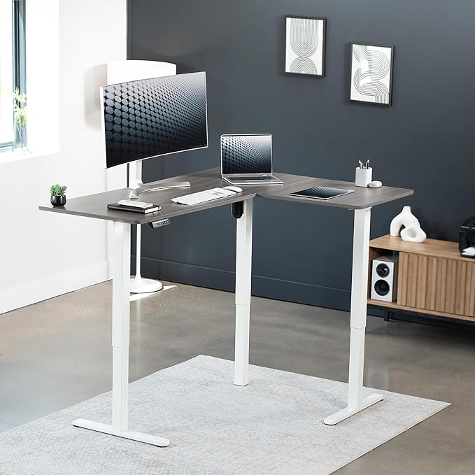 VIVO Corner Standing Desk, 63 x 47 inch Reversible L-Shaped Workstation, Electric Height Adjustment, Home, Office, and Reception Rooms, Dark Gray Table Top White Frame, DESK-E3CTWG-47