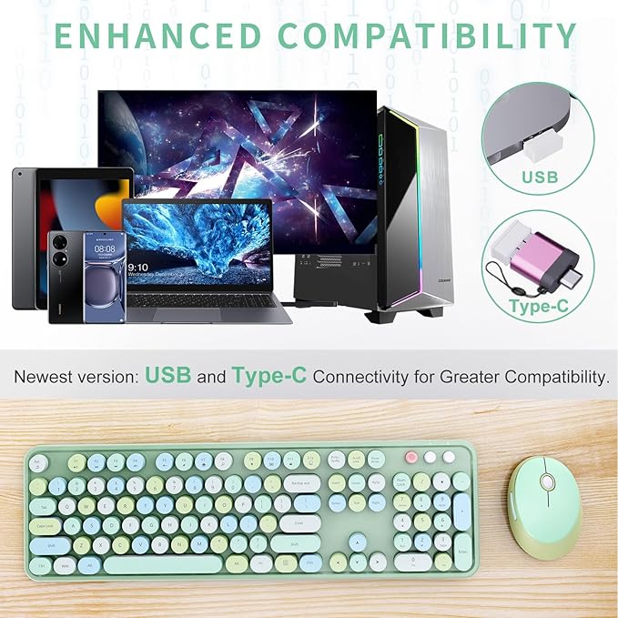 Wireless Keyboard and Mouse Combo, Ergonomic Full Size Typewriter Retro Round Keycaps Keyboard, Compatible with Windows, PC, Perfer for Home and Office Keyboards (Green