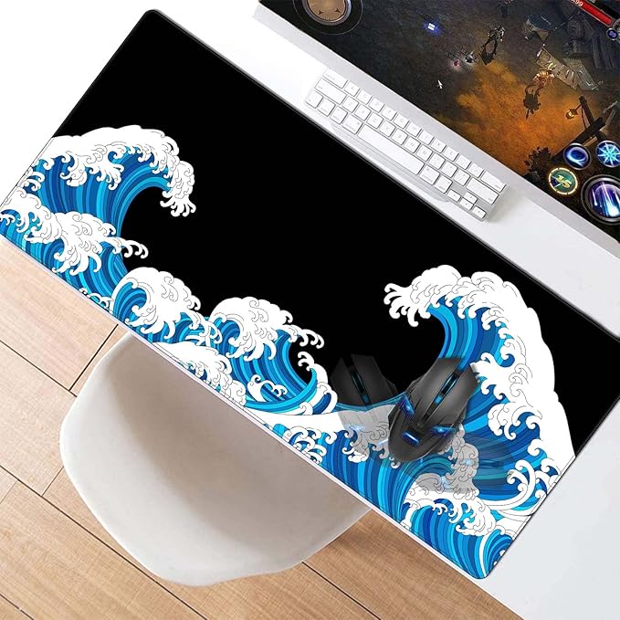 Large Mouse Pad Desk Mat 900 x 400 x 3mm Cool Sea Texture Non-Slip Rubber Base Mousepad Stitched Edges Keyboard Mat for Office Home Game - Black and White Sea Wave
