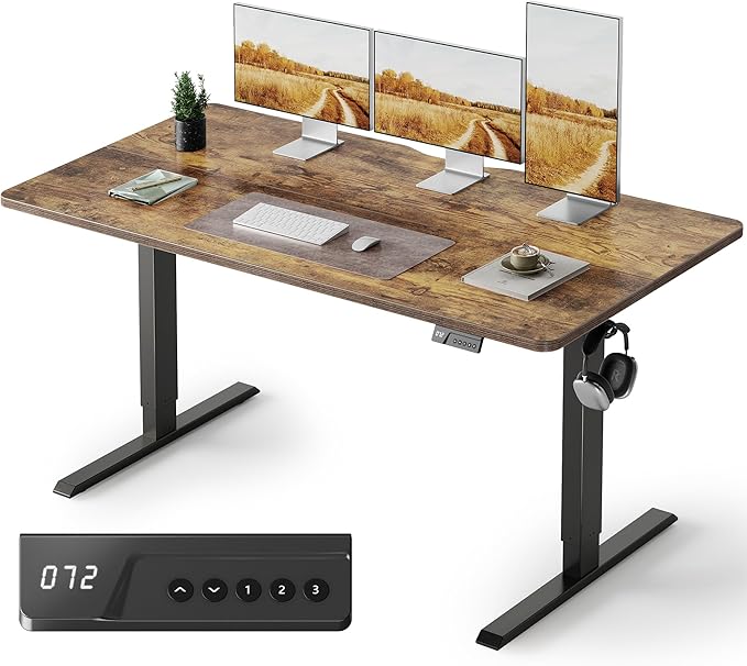 FEZIBO Standing Desk, 55×28 Inches Electric Height Adjustable, Sit Stand Up, Computer Office Desk with Splice Board, Black Frame/Rustic Brown TOP