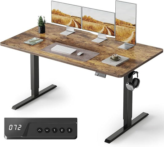 FEZIBO Standing Desk, 55×28 Inches Electric Height Adjustable, Sit Stand Up, Computer Office Desk with Splice Board, Black Frame/Rustic Brown TOP